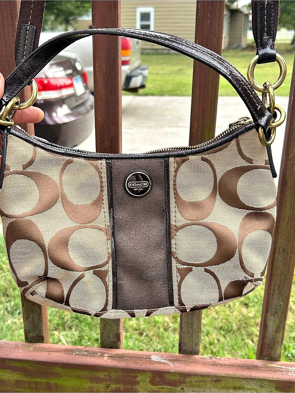Coach Signature Stripe Convertible Hobo Shoulder Bag Brown & Beige